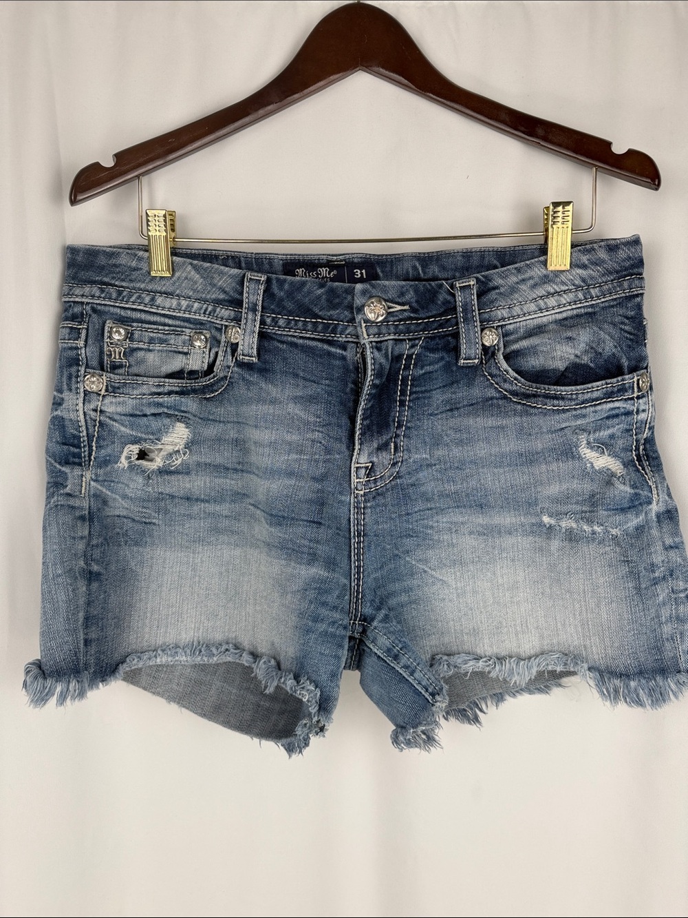 Miss Me Curvy Denim Shorts Size 31 Distressed Rhinestone Raw Hem Western Y2K